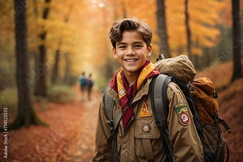 A boy scout with a backpack, walking with a stick in hand along a forest trail covered in autumn leaves, International Boy Scout Day Concept photo