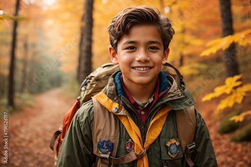 a boy scout with a backpack, standing on a rocky hill, looking out over a forest valley with a big smile on his face, International scout day concept 2024. photo