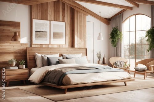 Farmhouse interior home design of modern bedroom with wooden bed and wooden furniture with large window © Basileus