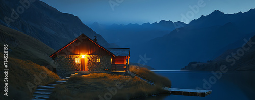 House in the mountains near a lake, AI generated photo