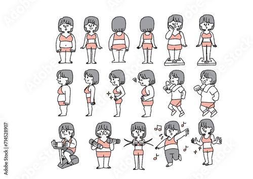 ダイエットを頑張る痩せている女性と太っている女性のイラストセット