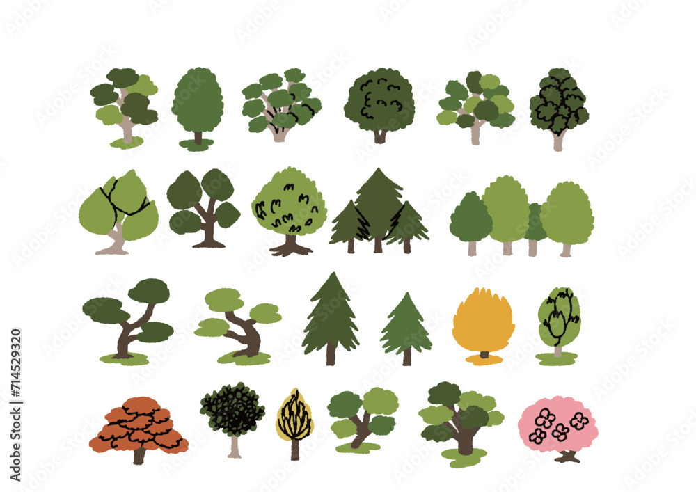 さまざまな形の木や森のイラストセット