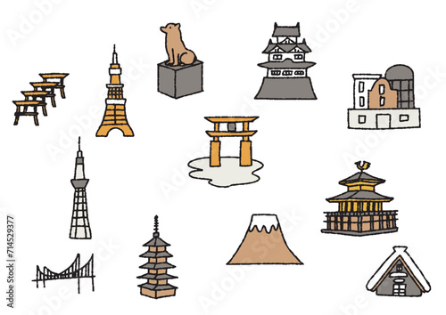 日本の名所の手描きイラストセット