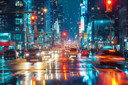 Night city street view. Colorful cityscape.  AI generated