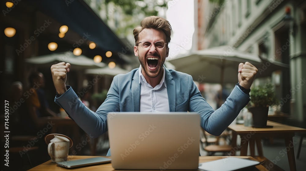 Excited man celebrates success at outdoor cafe with laptop. elation and triumph in business casual. AI Excited man celebrates success at outdoor cafe with laptop. elation and triumph in business casual. AI