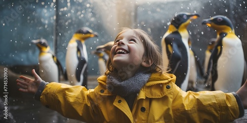 Joyful child in yellow raincoat marvels at penguins during snowfall. a moment of wonder and happiness captured. AI