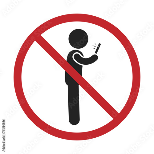 Isolated prohibition sign of do not user cellular phone with pictogram illustration man hold cellphone and screen on