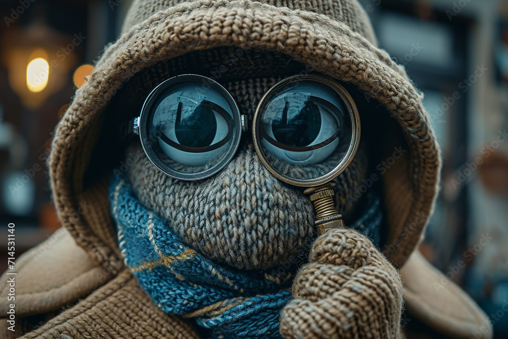An illustration of a knitted detective, with a magnifying glass and a classic trench coat. - obrazy, fototapety, plakaty 
