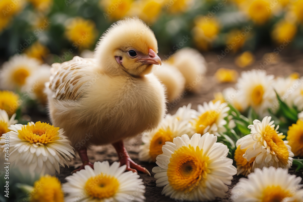 Baby chick in yellow with white color and beautiful flowers in the background for calendar in landscape format for banner Baby chick in yellow with white color and beautiful flowers in the background for calendar in landscape format for banner