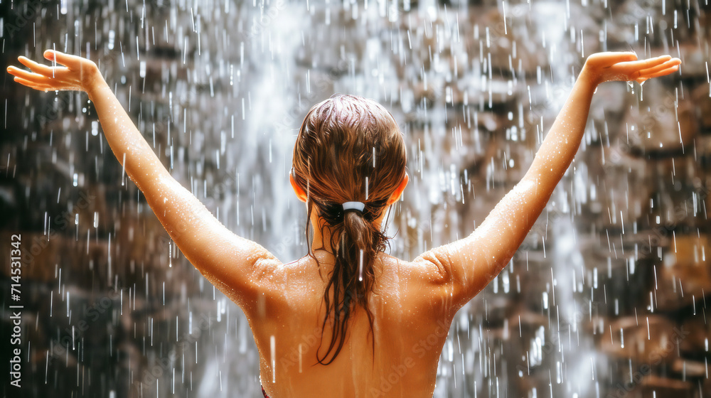 Fototapeta premium Serene Pose with Arms Outstretched under a Waterfall