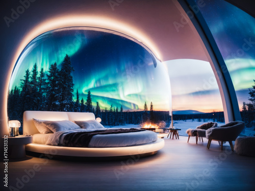 Bedroom interior of Star dome retreat in Lapland. Background northern lights. Material mirror glass. Clean design. Inspiration futuristic igloo 