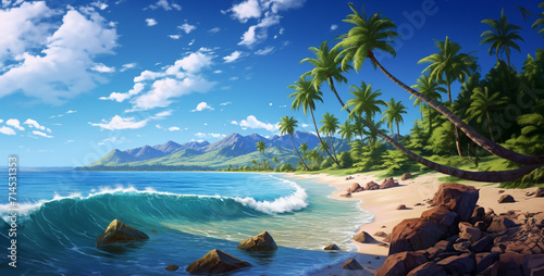 Beautiful seascape with palm trees and blue sky. 3d render, tropical island in the ocean © Kashif Ali 72