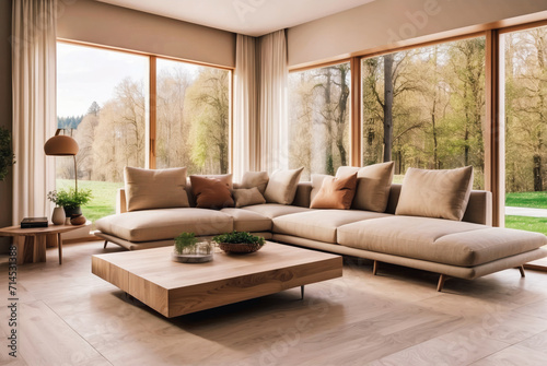 Beige corner sofa against of big windows. Minimalist interior design of modern living room in country house in forest  © Roman