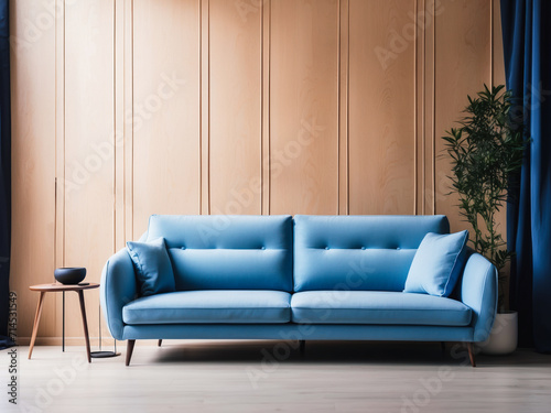 Blue sofa against paneling wall. Minimalist loft home interior design of modern living room © Roman