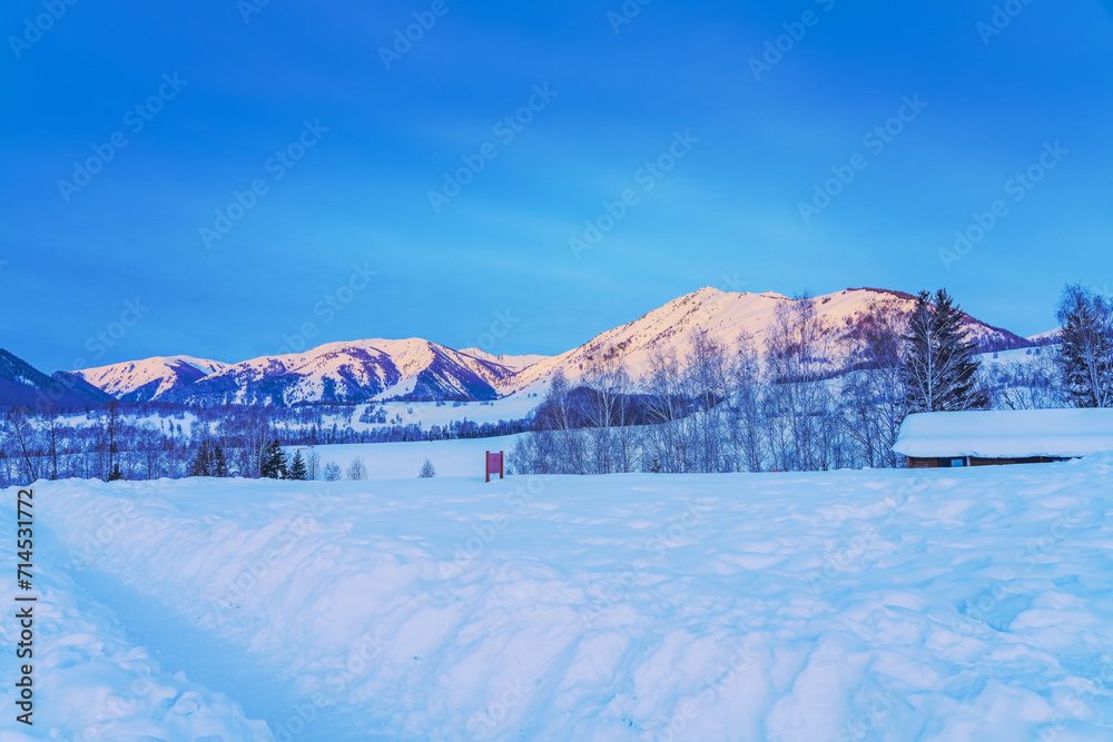 Winter Ski Resort and Snowy Mountains and Scenery in Xinjiang, China - obrazy, fototapety, plakaty 