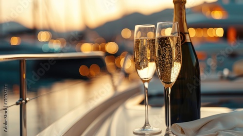Champagne glasses and bottle elegantly set, with a bokeh yacht backdrop adding allure, Ai Generated.