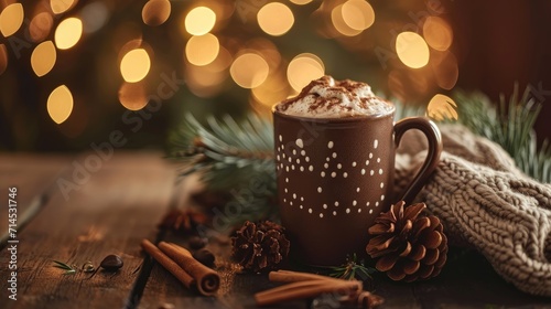 A Christmas mug of hot chocolate nestles against a warm bokeh background, Ai Generated. photo