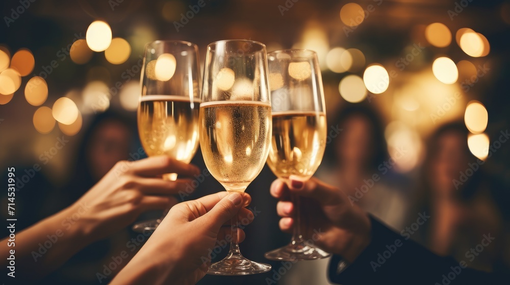 People raising glasses of champagne in celebration, Ai Generated.