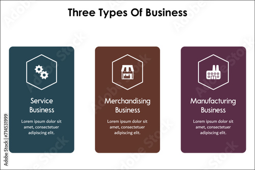 Three types of business - Service, Merchandising, Manufacturing Business. Infographic template with icons