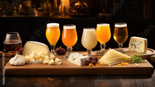 A table topped with a variety of cheeses and glasses of beer  Ai Generated