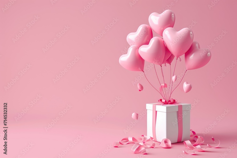 Pink heart balloons float from a white gift box, a vision of love and surprise, Ai Generated.