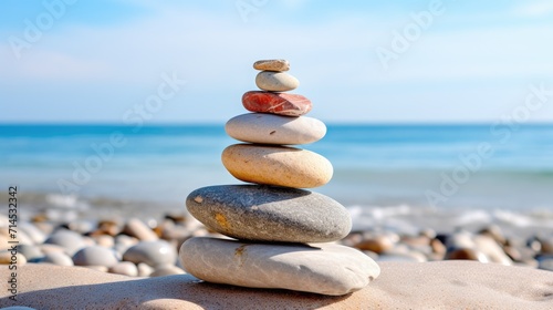 This image shows a stack of rocks on a beach next to the ocean  Ai Generated