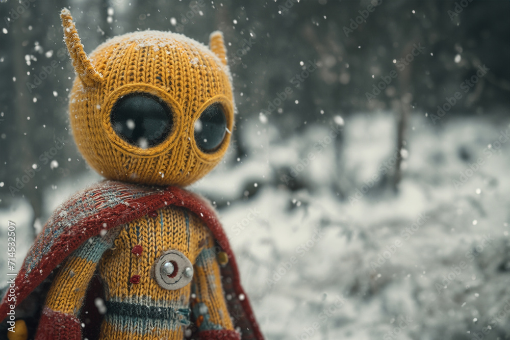An illustration of a knitted superhero, complete with a cape and a small mask.
