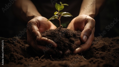 Caring human hands nurture a seedling in the soil, Ai Generated. photo