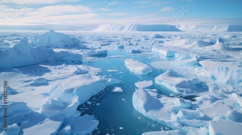 An aerial drone image captures giant icebergs in Greenland's stunning landscape, Ai Generated.