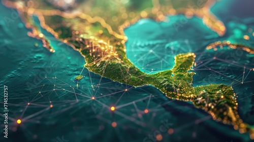 The map of Central America highlights the extensive reach of its optical fiber network, Ai Generated.