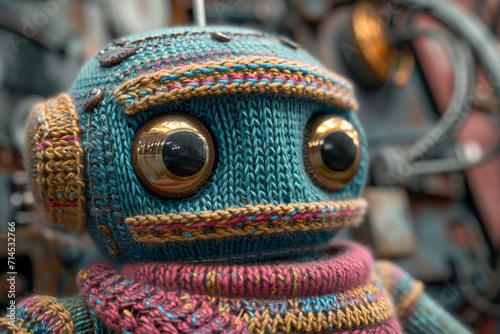 An image of a knitted robot, with intricate details and metallic-colored yarn.