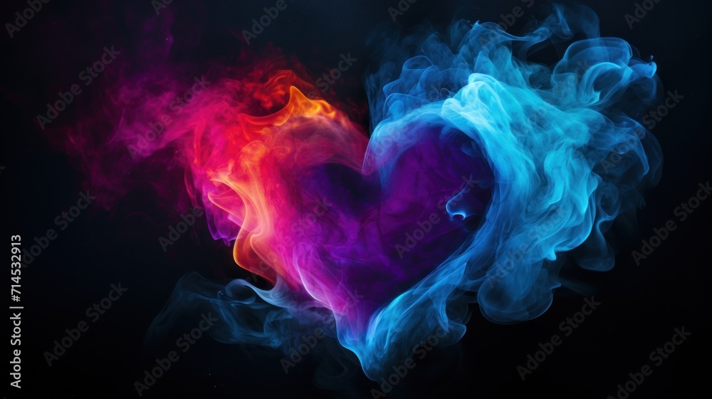 Colorful heart-shaped smoke against a black backdrop, Ai Generated