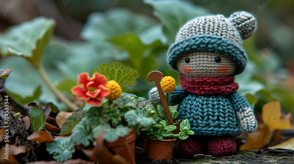 An artistic portrayal of a knitted gardener, with a tiny shovel and knitted plants.