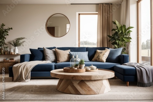 Bohemian Farmhouse Interior home design of modern living room with blue sofa and wooden table with wooden furniture and houseplants near the window