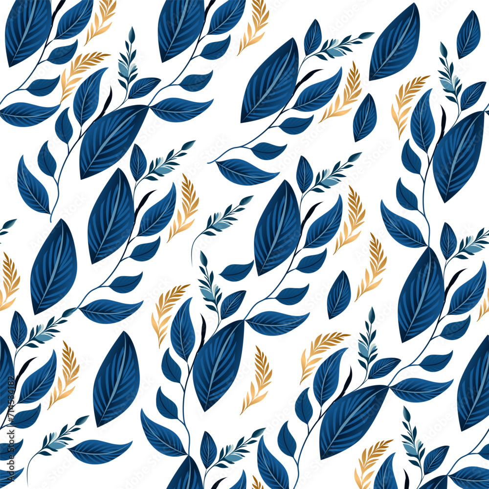 floral pattern design for fabric,linens,wallpaper, golden and blue leaves
