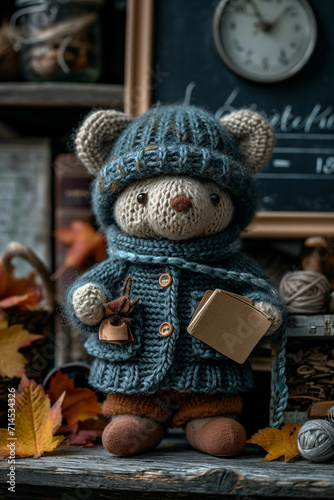 A depiction of a knitted teacher, with a tiny blackboard and knitted books.