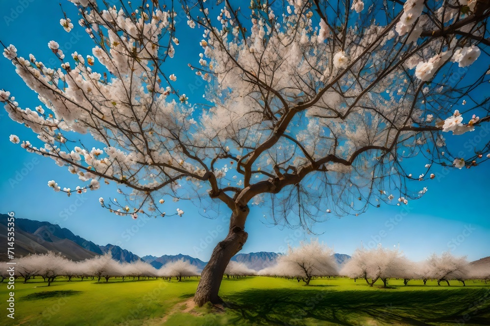 Wide-angle shot capturing the entire apricot tree in bloom with a clear blue sky