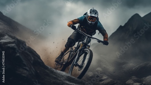 a mountain biker in action, navigating challenging terrain with determination and skill, extreme sports, outdoor adventure