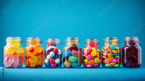 colorful candies in jars on table on blue background