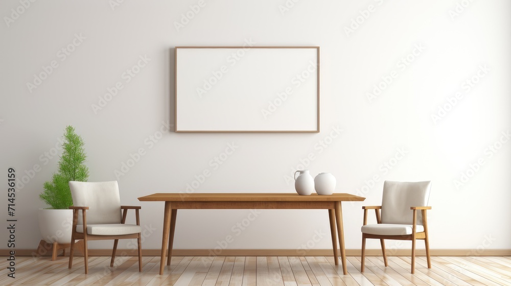 room a table and two chairs, empty wooden picture frame on wall, minimalist design