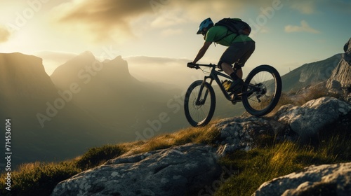 mountain biker in action, navigating a trail along a high cliff, backdrop for extreme adventures © Yash