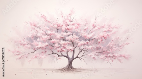 cherry blossom tree watercolor illustration, pink and white blossoms in full bloom, beauty and tranquility of spring