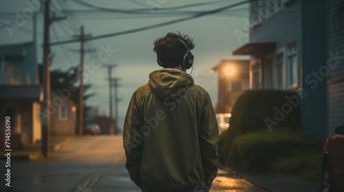 Young man walking down a quiet lane and lo-fi street scene, wearing earphones, aesthetic balance between city life and musical escape
