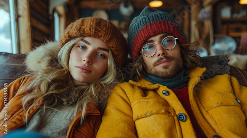 Young couple on vacation in the mountains - cabin - winter - snow - holiday - getaway - trip travel - stylish fashion 