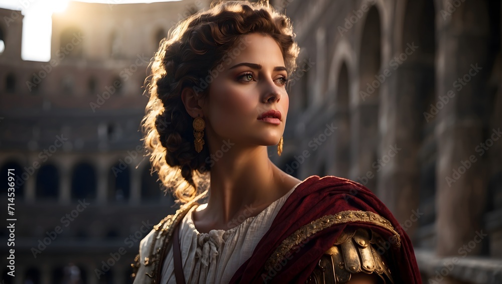 Roman times, a woman in the coliseum - obrazy, fototapety, plakaty 