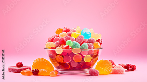 colorful candy and fruit jelly jujube on a pink background photo