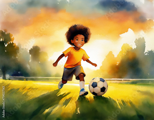Painting of a Young Diverse boy playing soccer on a grass playing field outdoors. Kicking the ball and headed towards goal. Sports concept image of young diverse children
