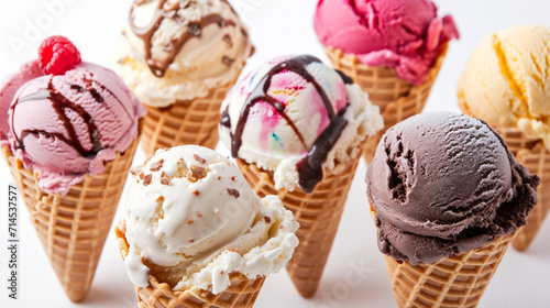 Various of ice cream flavor in cones cherry. Ai Generative