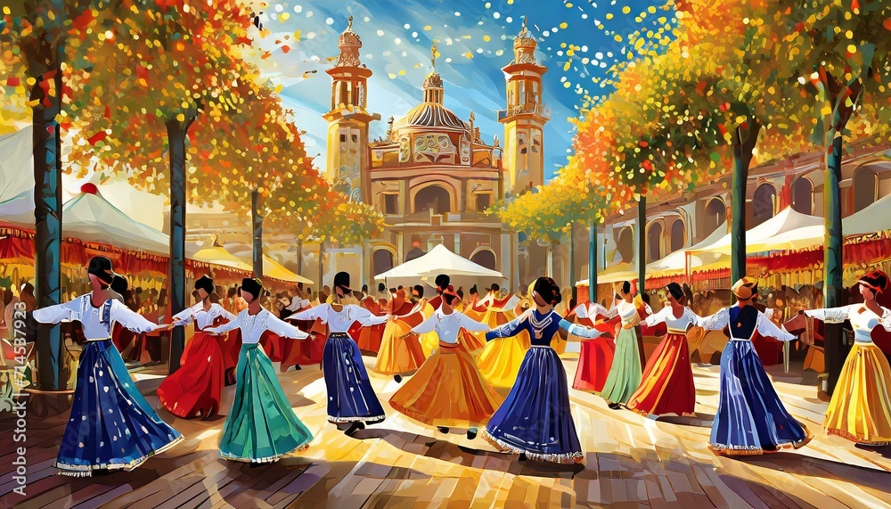 Illustrations of Festival celebration in Seville, flamenco dancers, colorful tents, and lively processions - obrazy, fototapety, plakaty 