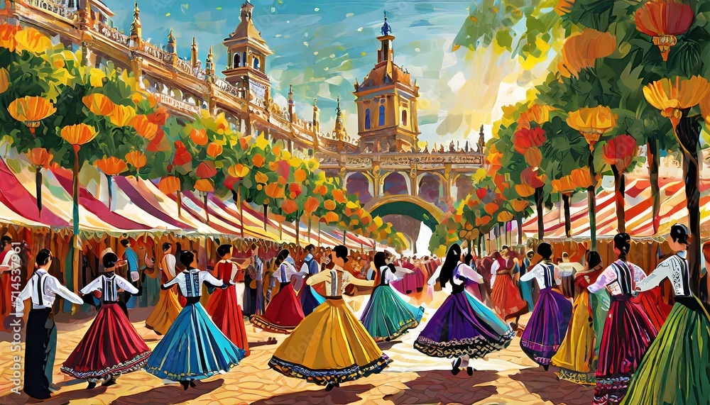 Illustrations of Festival celebration in Seville, flamenco dancers, colorful tents, and lively processions - obrazy, fototapety, plakaty 